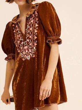 Free People Embroidered Velvet Puff-Sleeve Mini Dress - Brown